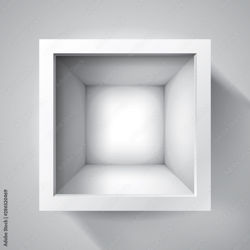 Poster open box. top view on empty cube, mockup design for your project. vector volume realistic shape