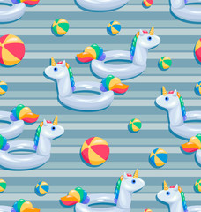 Unicorns and balls. An inflatable pool ring in the shape of a white unicorn and multi-colored balls. Seamless pattern. Design for summer textile, beach season by the pool, on the seashore, ocean.