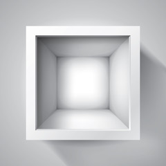 Open box. top view on empty cube, mockup design for your project. Vector volume realistic shape