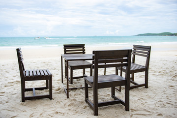 Fototapeta na wymiar wooden table for restaurant on the beach
