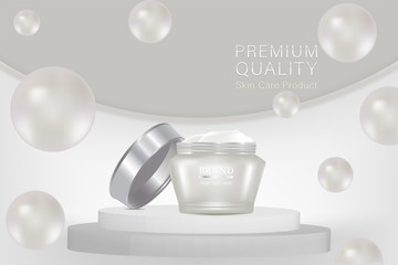 Beauty product ad design, white cosmetic container with collagen solution advertising background ready to use, luxury skin care banner, illustration vector.	