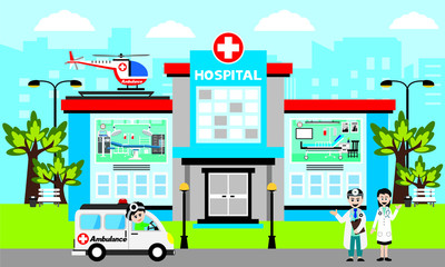 Fototapeta premium Patient care concept. Vector of doctor team standing on a hospital building, ambulance car background
