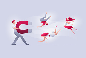 A man attracts people with a big magnet.