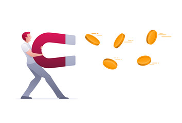 Man attracting coins with a big magnet.