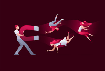 A man attracts people with a big magnet.