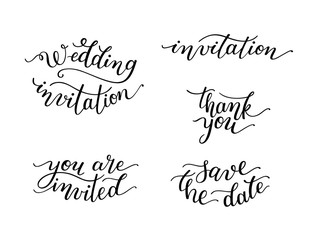 Set of hand lettering for invitations, weddings. Isolated on white background.