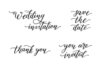 Set of hand lettering for invitations, weddings. Isolated on white background.