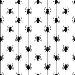 Vector seamless halloween pattern. Black and white icons spiders on stripes. Holiday design for greeting card, gift box, fabric, web design. Isolated on white.