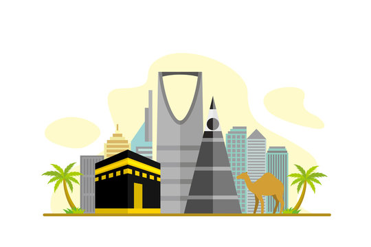 Saudi Arabia Famous Landmarks Travel Flat Concept Vector Illustration