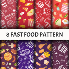 Fototapeta premium Vector seamless Fast food pattern set.