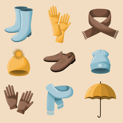 Set of vector autumn icons. Autumn shoes, gloves, hats, umbrella and scarves. Autumn clothes