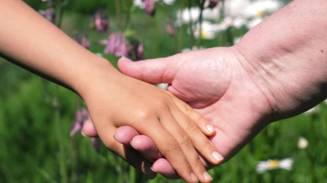 Baby hand in grandmothers hand close up