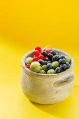 Summer berry in small cocnrete pot on yellow background