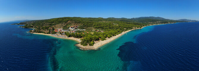 Aerial drone photo of beautiful covered in pine trees paradise sandy organised beach of Lagomandra...