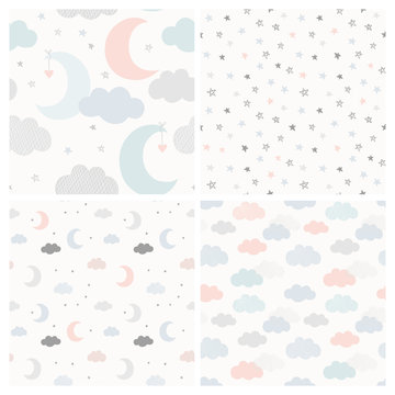 Fototapeta Night sky vector pattern set with hand drawn stars, clouds and moon. Collection of cute seamless baby background in delicate pastel colors.