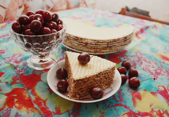 Home waffle cake and cherry