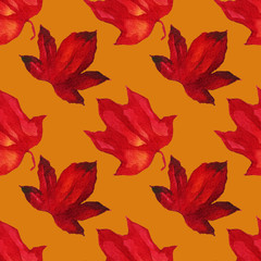 Seamless autumn yellow leaves pattern. Watercolor seamless pattern of autumn leaves. Floral vector pattern with hand drawing leaves, colorful botanical illustration, floral elements.