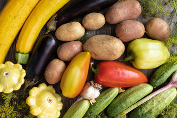 Zucchini, eggplants, potatoes, cucumbers, sweet peppers, garlic, dill on a dark brown background, top view
