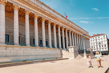 Historic neoclassical courthouse Cour de Appel built in 1840s with 24 columns in greek style is one of the most known landmarks of Lyon city and France