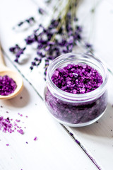 Plakat manufacture of homemade cosmetics with lavander close up