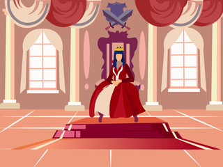 Queen is sitting on her throne. In minimalist style. Cartoon flat vector
