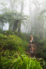 Naklejka na ściany i meble Woman walking in mystical tropical foggy rainforest. Huge plants and jurassic period atmosphere