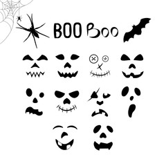 Set of emotions for a happy halloween, faces for pumpkins, the inscription "boo", a spider and a bat for design. Vector