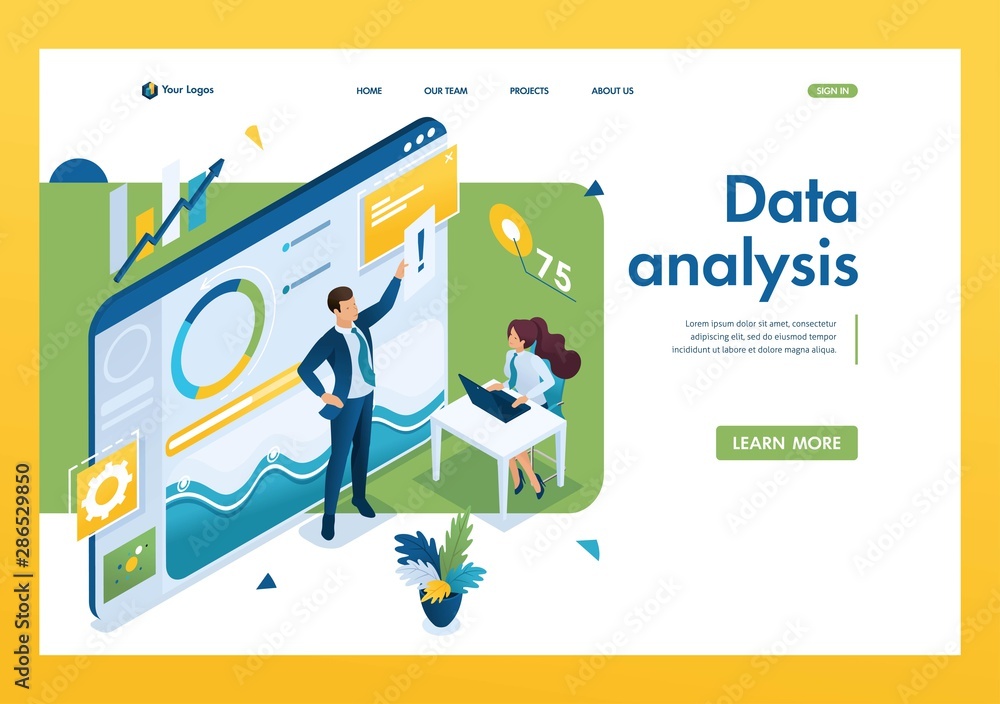 Poster young entrepreneurs are working on data analysis. concept work with graph research. 3d isometric. la