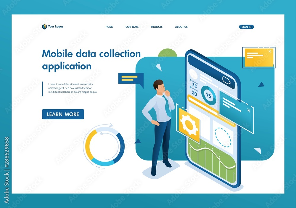 Poster young man works on a mobile application for data collection and analysis. concept work with graph re