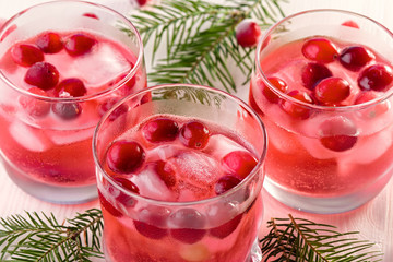 Winter non alcoholic cocktail with cranberry and ice on wooden background, closeup, top view