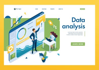 Obraz na płótnie Canvas Young entrepreneurs are working on data analysis. Concept work with graph Research. 3d isometric. Landing page concepts and web design