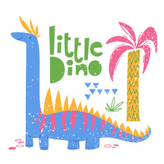 Kids style poster with cute Dinosaur brontosaurus and lettering. © Valentyna