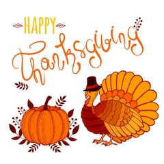 Vector illustration of happy Thanksgiving turkey with custom designed lettering theme.
