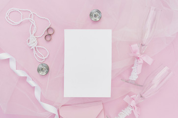 Fototapeta na wymiar Flat lay pink arrangement for wedding