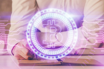 Businessman with hands background. Crypto currency concept.