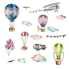 Stickers fenêtre Ballons à air aquarelle Grand ensemble d& 39 éléments à l& 39 aquarelle : aéronautique, montgolfières, oiseaux, ciel. Isolé sur fond blanc.
