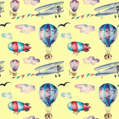 Cercles muraux Animaux avec ballon Modèle sans couture aquarelle dessiné à la main. Éléments aéronautiques rétro pour cartes, invitations, tissu, emballage