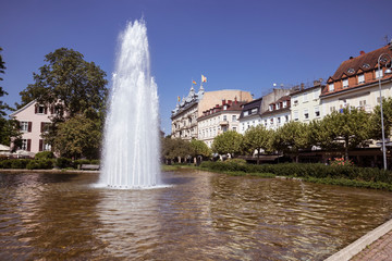 Augustaplatz and fountain in Baden Baden. During the horse race at the racecourse in Iffezheim....