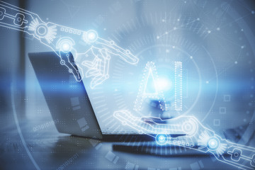 Double exposure of table with computer on background and data theme drawing. Concept of innovation.