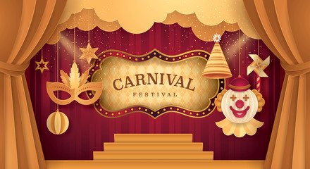 Premium Gold Curtains stage with Circus Frame Border, Cloud and Hanging Carnival Mask, Happy Clown, Party hat, Pinwheel, ball, Fun Fair, Day Scene festival,Theme Theater © GUGAI