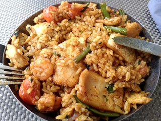 Paella with seafood on a plate 