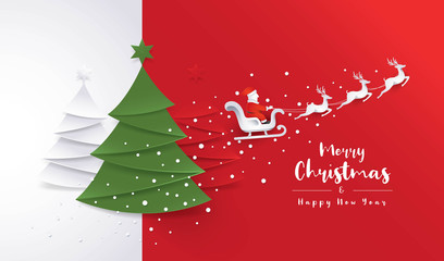 Merry Christmas Greeting card, Christmas Tree, Santa Claus sleigh and Reindeer with Snowflake on Red Background.