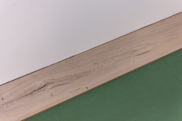 Installation laminate in the room, sheets environmentally friendly underfloor and laminate or parquet
