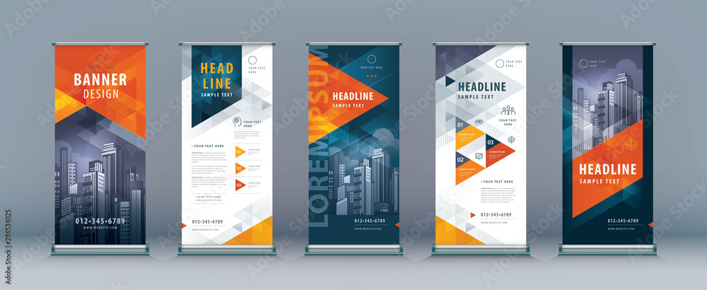 Wall mural Business Roll Up Set. Standee Design. Banner Template, Abstract Geometric Triangle Background vector