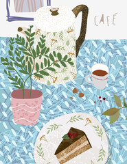 Cafe. Vector cute illustration of a still life on a table in the kitchen. Top view on teapot, coffee, plant and dessert. Drawings of objects of the Scandinavian style hugg
