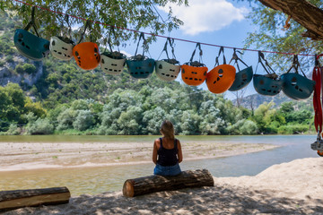 extreme sports helmets tied to a rope on the river beach Nestos, on a sunny day, Greece