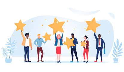 People are holding stars over the heads. Feedback consumer or customer review evaluation, satisfaction level and critic icon concept. Vector illustration