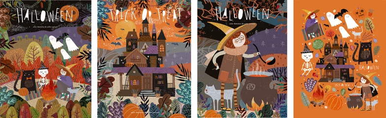 Tuinposter Happy Halloween! Vector illustrations of a picnic with characters: ghosts, a witch and a skeleton  castle in the forest  witch cooking potion and a set of objects. Cute pictures for poster © Ardea-studio