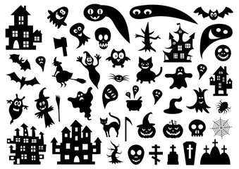 Set of silhouettes of Halloween on a white background. Vector illustration..