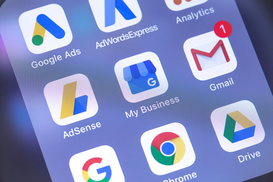 Google services apps icons on the screen smartphone. Google is the biggest Internet search engine in the world. Moscow, Russia - October 14, 2018